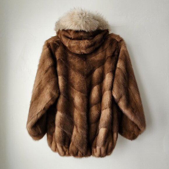 Western Furs Canadian Genuine Mink Fur Coat Stroller Fox Trim Hood VTG Mob Wife - Picture 3 of 16